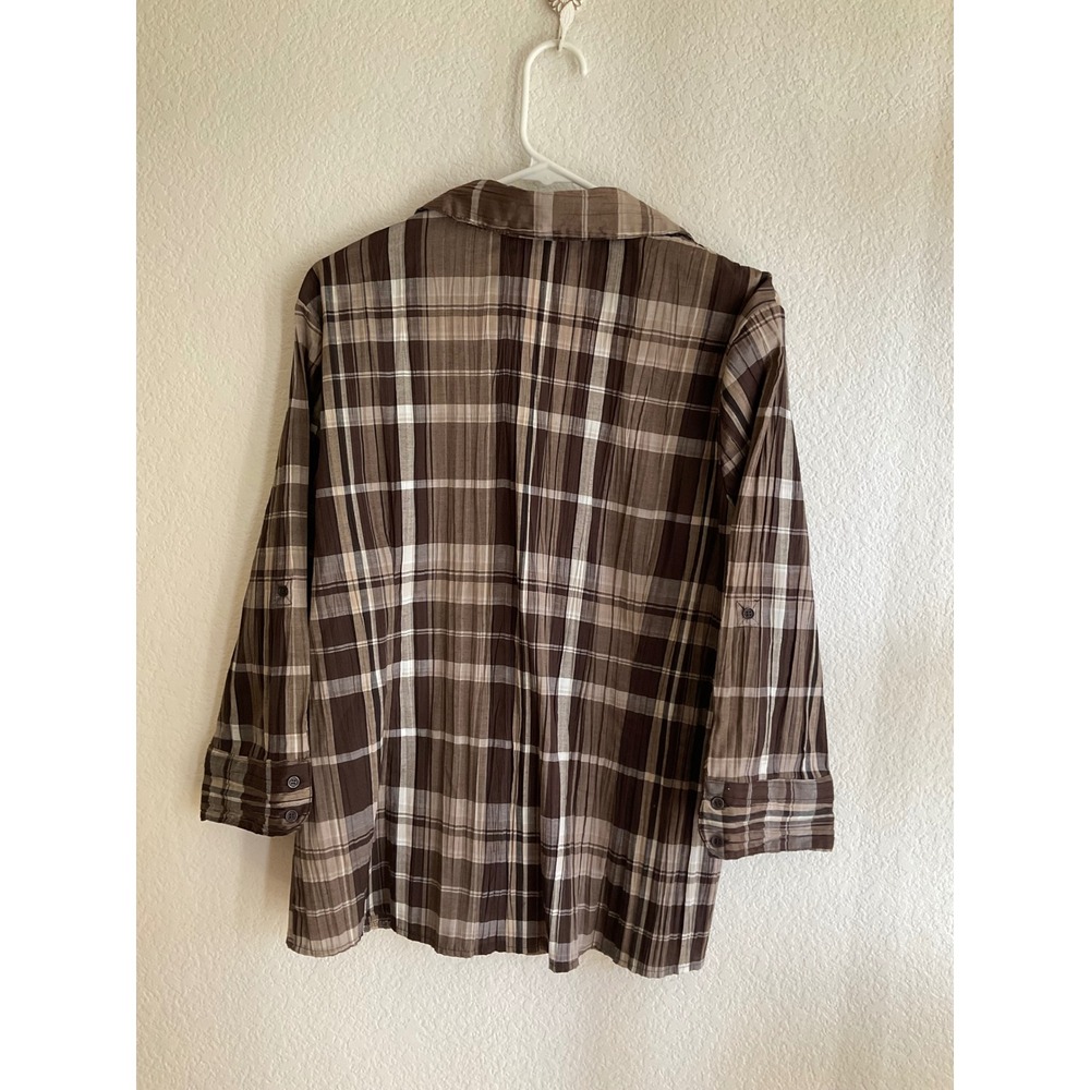 Christopher & Banks Brown Plaid Crinkle 3/4 Roll Tab Sleeve Button Up Shirt XL - Picture 4 of 8